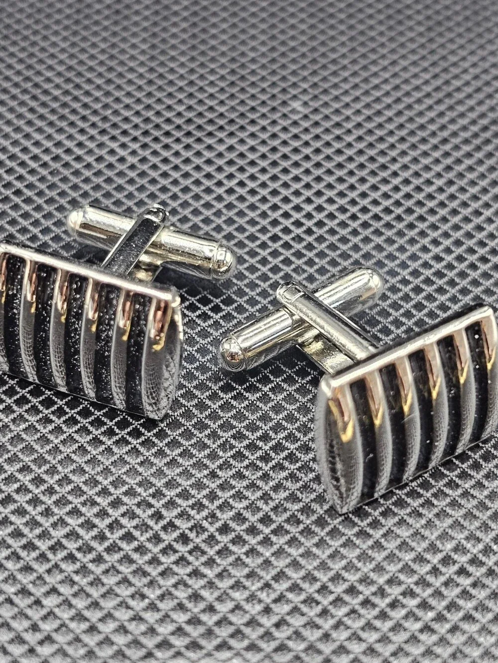 Men's Black and Silver Rectangular Cufflinks with Ribbed Design